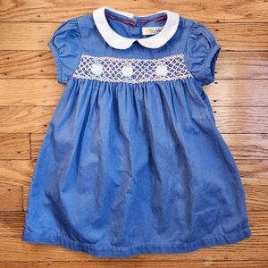 EUC baby Boden Blue dress with embroidered sheep and smocking 12-18 month girls